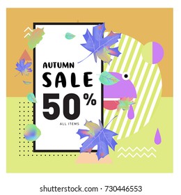 Autumn sale memphis style web banner. Fashion and travel discount poster. Vector holiday Abstract colorful illustration with special offer and promotion.
