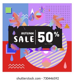 Autumn sale memphis style web banner. Fashion and travel discount poster. Vector holiday Abstract colorful illustration with special offer and promotion.