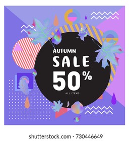 Autumn sale memphis style web banner. Fashion and travel discount poster. Vector holiday Abstract colorful illustration with special offer and promotion.