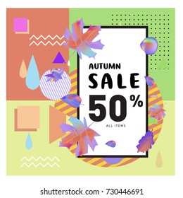 Autumn sale memphis style web banner. Fashion and travel discount poster. Vector holiday Abstract colorful illustration with special offer and promotion.