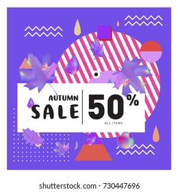 Autumn sale memphis style web banner. Fashion and travel discount poster. Vector holiday Abstract colorful illustration with special offer and promotion.