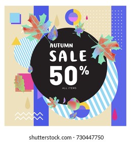 Autumn sale memphis style web banner. Fashion and travel discount poster. Vector holiday Abstract colorful illustration with special offer and promotion.