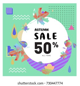 Autumn sale memphis style web banner. Fashion and travel discount poster. Vector holiday Abstract colorful illustration with special offer and promotion.