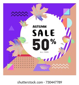Autumn sale memphis style web banner. Fashion and travel discount poster. Vector holiday Abstract colorful illustration with special offer and promotion.