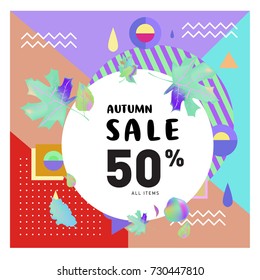 Autumn sale memphis style web banner. Fashion and travel discount poster. Vector holiday Abstract colorful illustration with special offer and promotion.