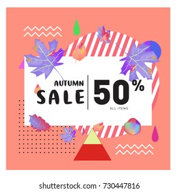 Autumn sale memphis style web banner. Fashion and travel discount poster. Vector holiday Abstract colorful illustration with special offer and promotion.