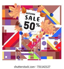 Autumn sale memphis style web banner. Fashion and travel discount poster. Vector holiday Abstract colorful illustration with special offer and promotion.