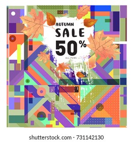 Autumn sale memphis style web banner. Fashion and travel discount poster. Vector holiday Abstract colorful illustration with special offer and promotion.