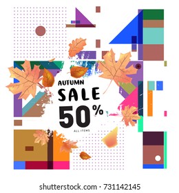 Autumn sale memphis style web banner. Fashion and travel discount poster. Vector holiday Abstract colorful illustration with special offer and promotion.