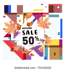 Autumn sale memphis style web banner. Fashion and travel discount poster. Vector holiday Abstract colorful illustration with special offer and promotion.