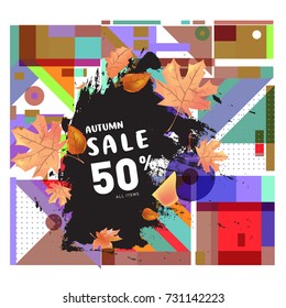 Autumn sale memphis style web banner. Fashion and travel discount poster. Vector holiday Abstract colorful illustration with special offer and promotion.