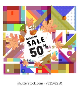 Autumn sale memphis style web banner. Fashion and travel discount poster. Vector holiday Abstract colorful illustration with special offer and promotion.