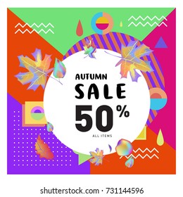 Autumn sale memphis style web banner. Fashion and travel discount poster. Vector holiday Abstract colorful illustration with special offer and promotion.