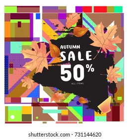 Autumn sale memphis style web banner. Fashion and travel discount poster. Vector holiday Abstract colorful illustration with special offer and promotion.