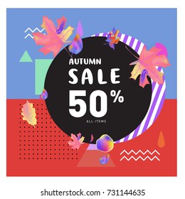 Autumn sale memphis style web banner. Fashion and travel discount poster. Vector holiday Abstract colorful illustration with special offer and promotion.