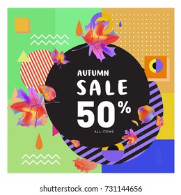 Autumn sale memphis style web banner. Fashion and travel discount poster. Vector holiday Abstract colorful illustration with special offer and promotion.