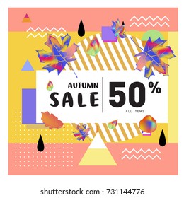 Autumn sale memphis style web banner. Fashion and travel discount poster. Vector holiday Abstract colorful illustration with special offer and promotion.