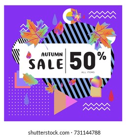Autumn sale memphis style web banner. Fashion and travel discount poster. Vector holiday Abstract colorful illustration with special offer and promotion.