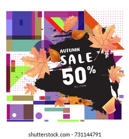 Autumn sale memphis style web banner. Fashion and travel discount poster. Vector holiday Abstract colorful illustration with special offer and promotion.