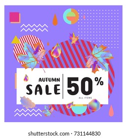 Autumn sale memphis style web banner. Fashion and travel discount poster. Vector holiday Abstract colorful illustration with special offer and promotion.