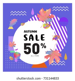 Autumn sale memphis style web banner. Fashion and travel discount poster. Vector holiday Abstract colorful illustration with special offer and promotion.