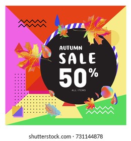 Autumn sale memphis style web banner. Fashion and travel discount poster. Vector holiday Abstract colorful illustration with special offer and promotion.