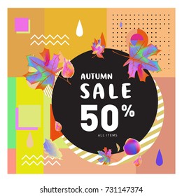 Autumn sale memphis style web banner. Fashion and travel discount poster. Vector holiday Abstract colorful illustration with special offer and promotion.