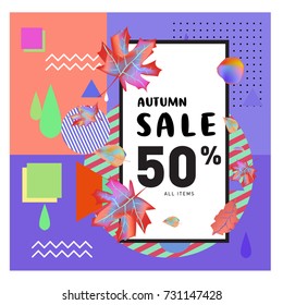 Autumn sale memphis style web banner. Fashion and travel discount poster. Vector holiday Abstract colorful illustration with special offer and promotion.