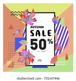 Autumn sale memphis style web banner. Fashion and travel discount poster. Vector holiday Abstract colorful illustration with special offer and promotion.
