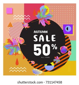 Autumn sale memphis style web banner. Fashion and travel discount poster. Vector holiday Abstract colorful illustration with special offer and promotion.