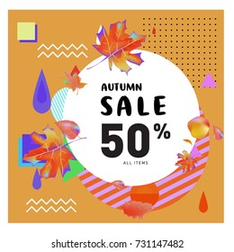 Autumn sale memphis style web banner. Fashion and travel discount poster. Vector holiday Abstract colorful illustration with special offer and promotion.