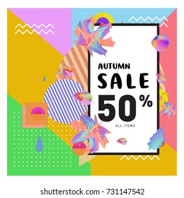 Autumn sale memphis style web banner. Fashion and travel discount poster. Vector holiday Abstract colorful illustration with special offer and promotion.