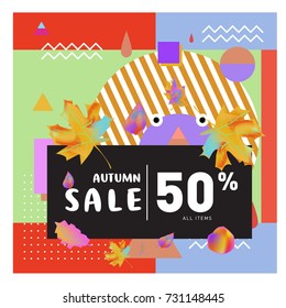 Autumn sale memphis style web banner. Fashion and travel discount poster. Vector holiday Abstract colorful illustration with special offer and promotion.
