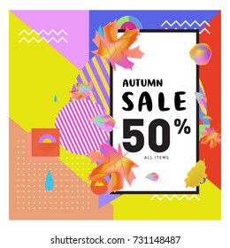 Autumn sale memphis style web banner. Fashion and travel discount poster. Vector holiday Abstract colorful illustration with special offer and promotion.