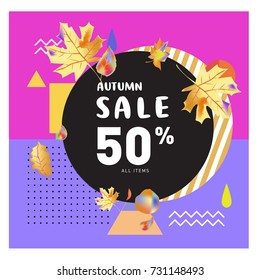 Autumn sale memphis style web banner. Fashion and travel discount poster. Vector holiday Abstract colorful illustration with special offer and promotion.