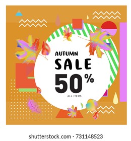 Autumn sale memphis style web banner. Fashion and travel discount poster. Vector holiday Abstract colorful illustration with special offer and promotion.