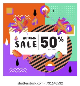 Autumn sale memphis style web banner. Fashion and travel discount poster. Vector holiday Abstract colorful illustration with special offer and promotion.