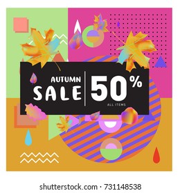 Autumn sale memphis style web banner. Fashion and travel discount poster. Vector holiday Abstract colorful illustration with special offer and promotion.