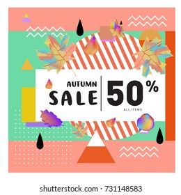 Autumn sale memphis style web banner. Fashion and travel discount poster. Vector holiday Abstract colorful illustration with special offer and promotion.