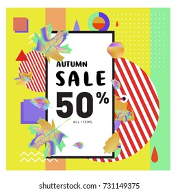 Autumn sale memphis style web banner. Fashion and travel discount poster. Vector holiday Abstract colorful illustration with special offer and promotion.