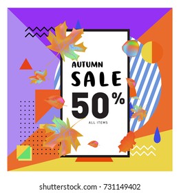 Autumn sale memphis style web banner. Fashion and travel discount poster. Vector holiday Abstract colorful illustration with special offer and promotion.