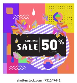 Autumn sale memphis style web banner. Fashion and travel discount poster. Vector holiday Abstract colorful illustration with special offer and promotion.