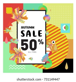 Autumn sale memphis style web banner. Fashion and travel discount poster. Vector holiday Abstract colorful illustration with special offer and promotion.