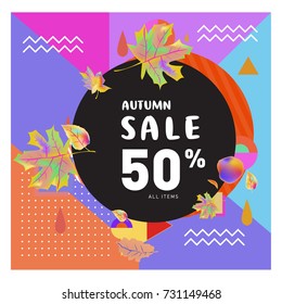 Autumn sale memphis style web banner. Fashion and travel discount poster. Vector holiday Abstract colorful illustration with special offer and promotion.