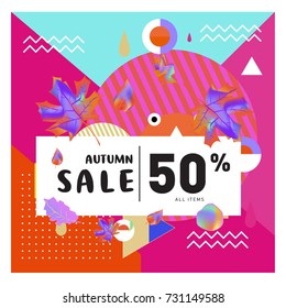 Autumn sale memphis style web banner. Fashion and travel discount poster. Vector holiday Abstract colorful illustration with special offer and promotion.