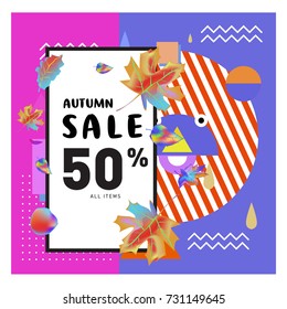 Autumn sale memphis style web banner. Fashion and travel discount poster. Vector holiday Abstract colorful illustration with special offer and promotion.