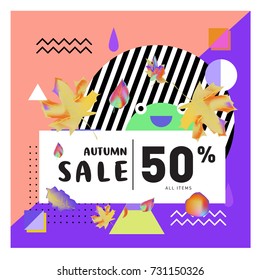 Autumn sale memphis style web banner. Fashion and travel discount poster. Vector holiday Abstract colorful illustration with special offer and promotion.