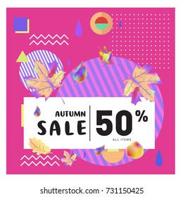 Autumn sale memphis style web banner. Fashion and travel discount poster. Vector holiday Abstract colorful illustration with special offer and promotion.