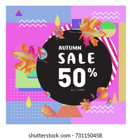 Autumn sale memphis style web banner. Fashion and travel discount poster. Vector holiday Abstract colorful illustration with special offer and promotion.