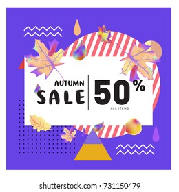 Autumn sale memphis style web banner. Fashion and travel discount poster. Vector holiday Abstract colorful illustration with special offer and promotion.